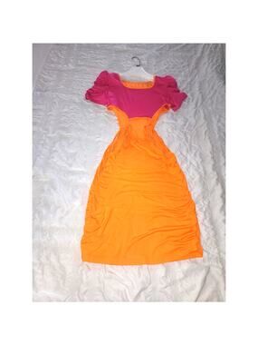 Orange Pink Cutout Ruched Midi Dress L